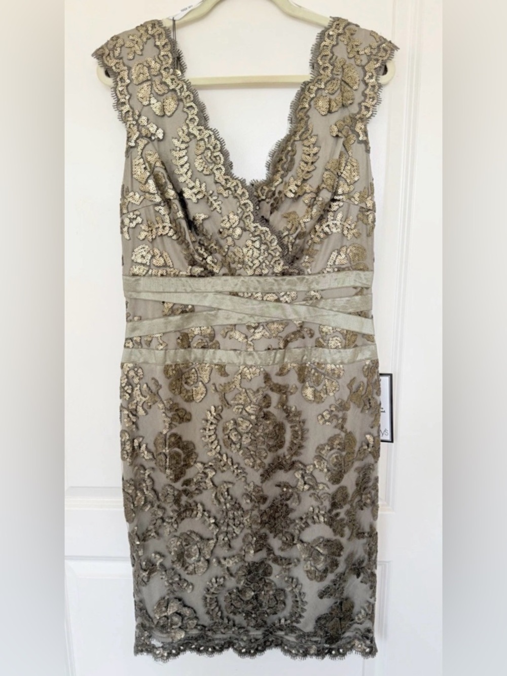NWT Tadashi Shoji Sequin Lace Sheath Dress in Smoked Pearl
- Size 12